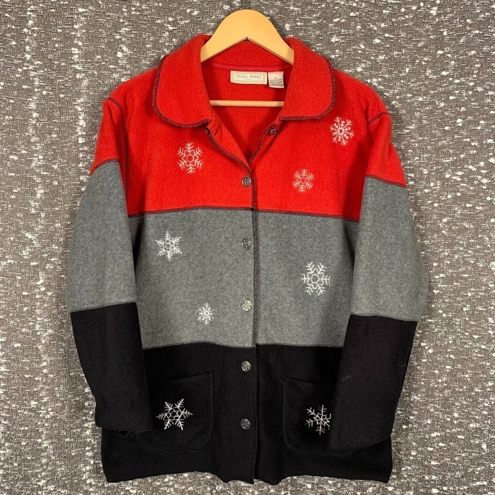 Vintage‎ Studio Works Embroidered Snowflakes Fleece Cardigan Women's PM